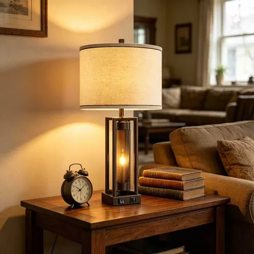 Miniatura 4 de Lámparas de mesa rústicas para sala de estar con puertos USB C+A, lámpara de mesita de noche vintage de granja con luz nocturna de acrílico ámbar