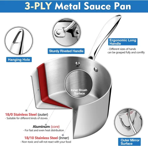 Miniatura 4 de P&P CHEF Olla y cacerola de tres capas de 2 cuartos de galón, sartén de acero inoxidable con tapa, olla de inducción de cocina, utensilios de cocina
