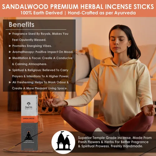 Miniatura 2 de Simply Vedic Varillas de incienso de sándalo de 8.82 oz (aproximadamente 135 varillas hechas a mano) con soporte gratuito 45 minutos de quemadura