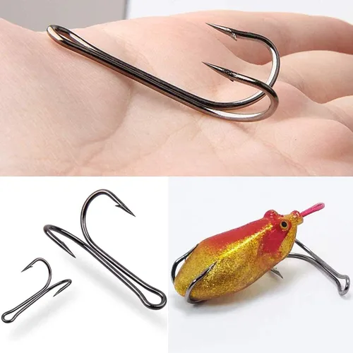 Miniatura 8 de OROOTL Ganchos de pesca dobles, 50 ganchos clásicos de rana de acero de alto carbono, doble gancho de pesca de púas con vástago abierto para agua