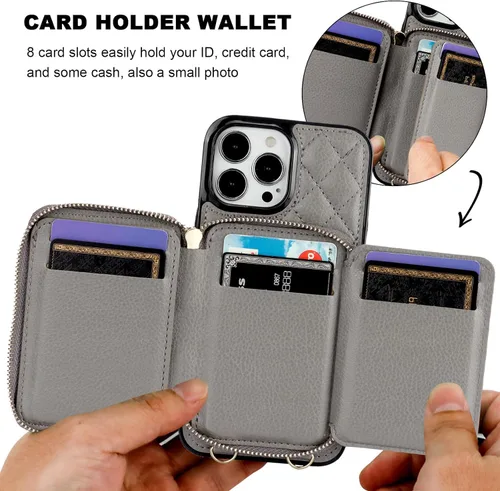 Miniatura 4 de Bocasal Funda tipo cartera con bandolera para iPhone 13 Pro Max, cartera de cuero PU con cierre de cremallera y bloqueo RFID, funda tipo folio