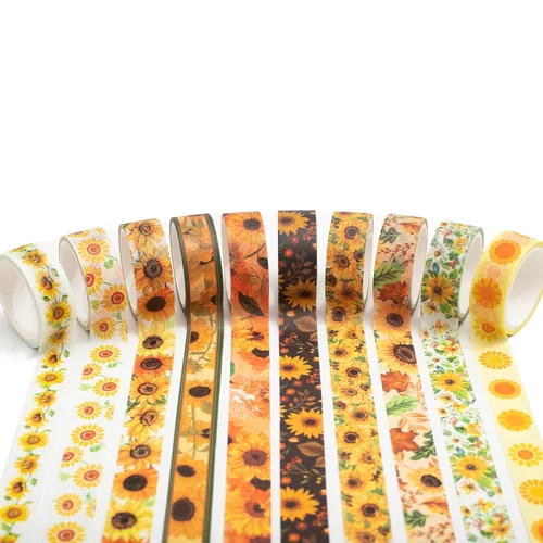 Miniatura 4 de Juego de 10 rollos de cinta washi de girasol, estampado floral, cintas decorativas para manualidades, diarios, planificadores, álbumes de recortes