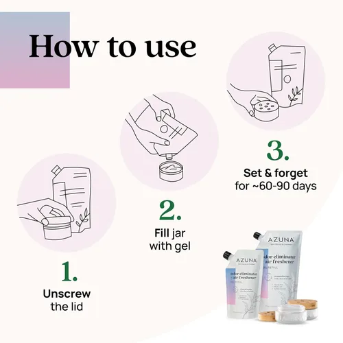 Miniatura 3 de Azuna Ambientador y Eliminador de Olor para Malos Olores Fuertes Kit de 4 Habitaciones Incluye (4) Frasco de Vidrio Luxe Vacío y Recarga de Gel