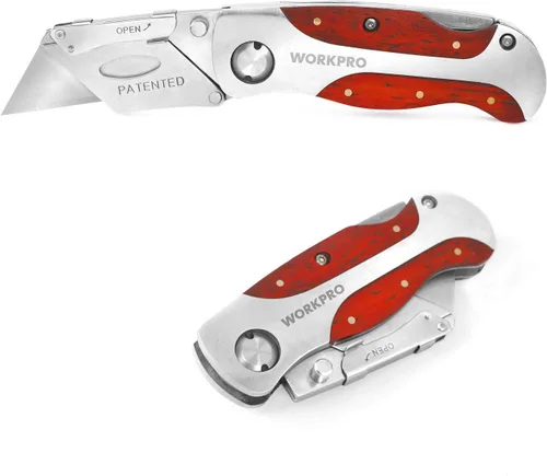 WORKPRO - Cuchillo de uso de cambio rápido, mango de madera estilo retro, cuchillo plegable con clip