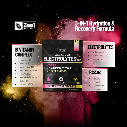 Miniatura 5 de Zeal Naturals Paquetes de electrolitos mejorados en polvo (limonada rosa, 20 paquetes) sin azúcar + vitaminas B BCAA y sal rosa del Himalaya