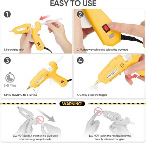Miniatura 6 de ROMECH Pistola de pegamento caliente de tamaño completo con 60/100 W de doble potencia y 21 barras de pegamento caliente (7/16 pulgadas), Amarillo