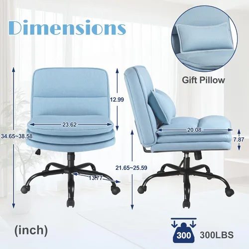 Miniatura 2 de Furmax Silla de oficina con patas cruzadas con ruedas, asiento extra ancho sin brazos, silla de escritorio giratoria, altura ajustable, cómoda