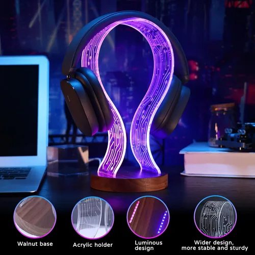 Miniatura 2 de Lampeez Soporte para auriculares con luz nocturna LED azul y rosa, madera de nogal para jugadores, amantes de la música, idea de regalo