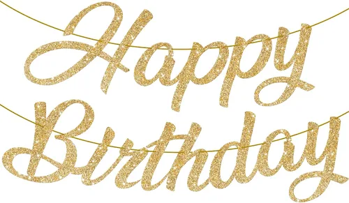 KatchOn, Cartel de feliz cumpleaños cursivo dorado con purpurina – pre-encordado, 10 pies | Decoraciones de cumpleaños para mujeres, hombres y niñas
