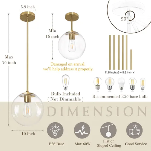 Miniatura 4 de Bagood Lámpara colgante de globo de 10 pulgadas, luz colgante dorada de mediados de siglo, lámpara colgante ajustable, luces colgantes de globo