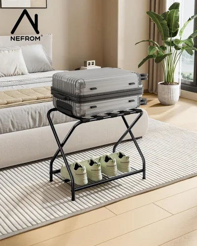 Miniatura 4 de Portaequipajes, soporte plegable para maleta con estante de almacenamiento, soporte de equipaje de metal para habitación de invitados, dormitorio