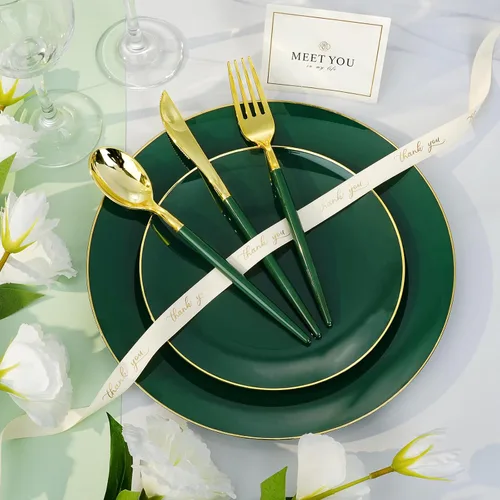 Miniatura 3 de 175 Piezas Juego de Vajilla de Plástico Verde Dorado, Platos Desechables Dorados para Fiesta, Incluye 50 Platos Verdes con 75 Cubiertos de Plástico