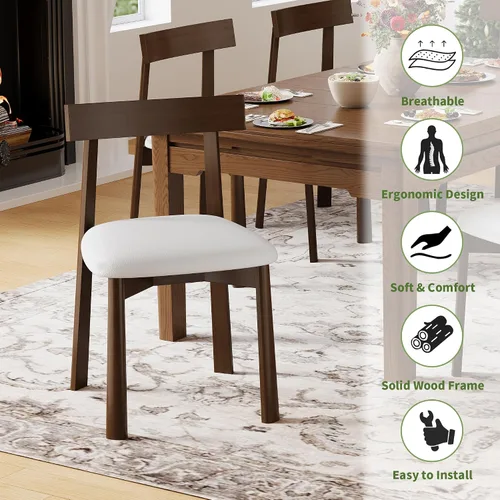 Miniatura 6 de Juego de 2 sillas de comedor de madera maciza con respaldo curvo, modernas sillas auxiliares de cocina de piel sintética de mediados de siglo