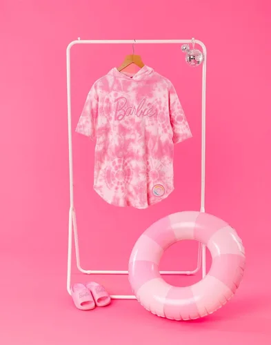Miniatura 2 de Barbie Poncho de toalla para niñas Toalla de baño rosa con teñido anudado para niños Bata cambiadora gráfica de muñeca Acogedor traje de baño