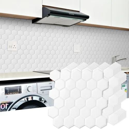 Miniatura 13 de 10 hojas de azulejos hexagonales autoadhesivos para salpicadero de cocina, nuevo diseño premium extra grueso 3D, azulejos de pared autoadhesivos