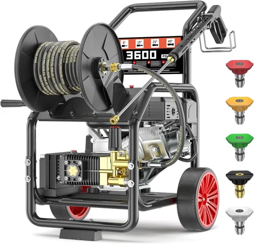 Hidrolavadora a gas de 3600 PSI con carrete para manguera, arranque de un botón 212cc motor de 4 tiempos de 7HP, lavadora eléctrica de alta presión