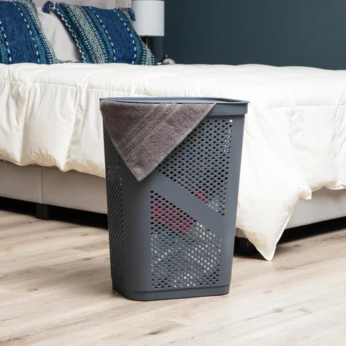 Miniatura 2 de Mind Reader - Canasta de lavandería delgada con tapa, cesta de ropa de 60L, plástico ventilado, color gris