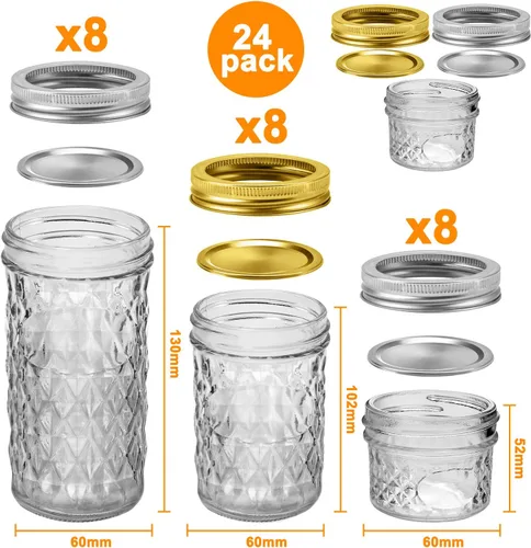 Miniatura 2 de SPANLA Tarros de masón, paquete de 24 tarros de conservas con tapas regulares, ideales para mermelada, gelatina, miel, recuerdos de boda, regalos