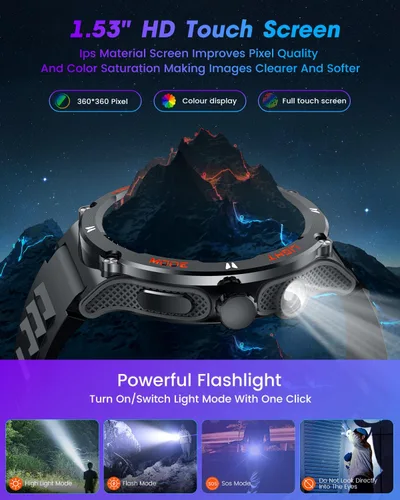 Miniatura 3 de Reloj inteligente para hombres Android Fitness Tracker: 1.53 "Militar Reloj inteligente con linterna brújula hacer respuesta Bluetooth Llamada Negro