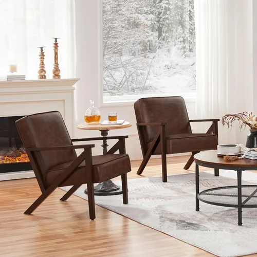 Miniatura 10 de Yaheetech Silla Decorativa, Sillón con Estructura de Madera Resistente, Silla de Estar Moderna y Retro de Piel Sintética para Sala de Marrón claro