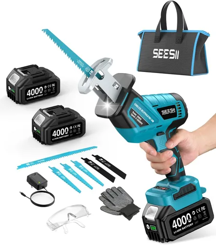 SEESII Sierra de vaivén inalámbrica, motor sin escobillas de velocidad variable de 3500 RPM con 8 hojas de sierra, 2 baterías de 4.0Ah, luz LED, Azul