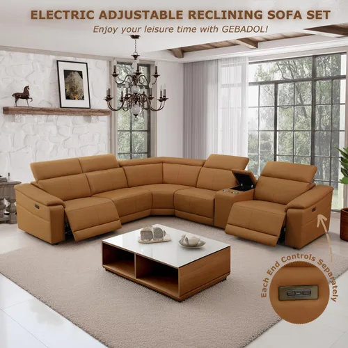 Miniatura 5 de Sofá Seccional Reclinable Eléctrico, Juego de Muebles de Sala en Forma de L, Sofá de Cuero Marrón Claro, Sofá Seccional Reclinable con Consola