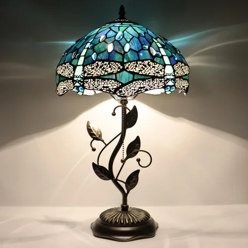Miniatura 11 de Tiffany Table Lamp, Pink Stained Glass Desk Light, W12H19 Inch, Metal Leaf Base (Pink Baroque Style)