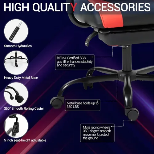 Miniatura 7 de Silla de juegos con reposapiés, silla ergonómica de escritorio para PC con reposacabezas y soporte lumbar de masaje, silla de videojuegos con Negro