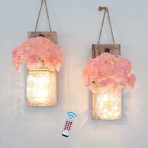 Miniatura 8 de Conjunto de Decoración de Pared Rústica de Dos Piezas - Apliques de Frasco Mason con Luces de Hadas LED y Flor de Rosa, Decoración del Hogar Arte