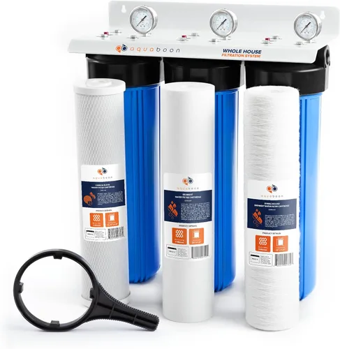 Aquaboon Sistema de filtro de agua de 3 etapas para toda la casa, filtros de polipropileno y sedimentos para heridas de cuerda para agua de pozo,