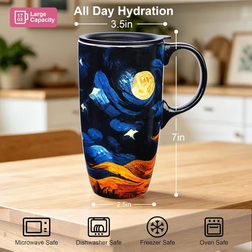 Miniatura 9 de Taza de cerámica Topadorn con taza de café de porcelana de 17 onzas. Taza de café y té con tapa, perfecta para café y té, caja de regalo incluida