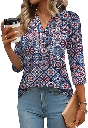 Miniatura 27 de IECCP Blusas de verano de manga 3/4 para mujer, estilo casual, cuello Henley, cuello en V, plisadas, ajuste holgado, blusas de trabajo