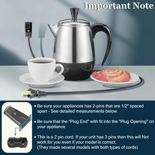Miniatura 5 de HASMX Percolator - Cable de alimentación para cafetera Farberware modelo 138B 142A 142B 142NT, cable de 2 pines, color negro, 3 pies de longitud