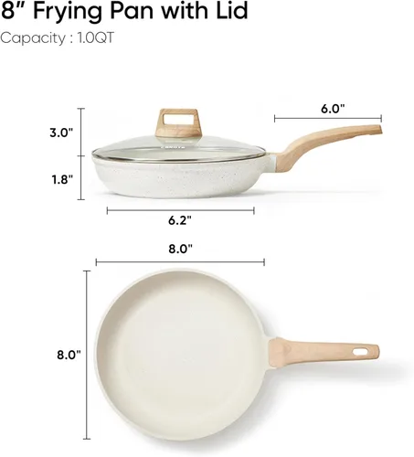 Miniatura 2 de CAROTE - Sartén antiadherente de 8 pulgadas con tapa, sartén de granito blanco sin pegamento, sartenes para tortillas, sartén para huevos