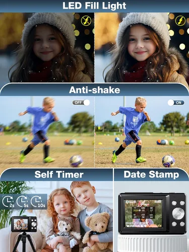 Miniatura 7 de Cámara digital, FHD 1080P para niños, cámara digital de 44 MP para apuntar y disparar con tarjeta de 32 GB, zoom de 16X, antivibración, sello