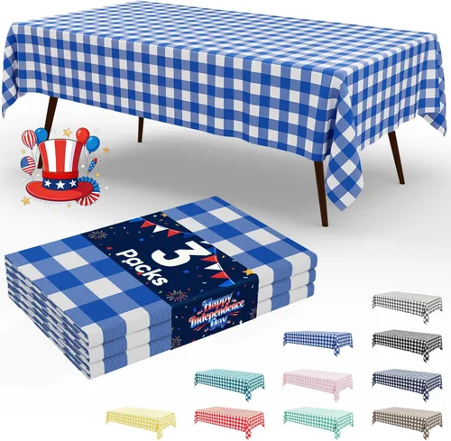 Miniatura 54 de Smiry Paquete de 3 Manteles Desechables de Cuadros Gingham Color Caqui - 54" x 72" Mantel de Plástico de Servicio Pesado, Cubiertas de Mesa