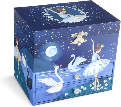 Miniatura 2 de Jewelkeeper Joyero musical de bailarina con 2 cajones extraíbles, diseño de purpurina, tono de lago de cisne, Metal Madera