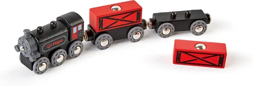 Hape Steam-Era Tren de carga | Juguete clásico de locomotora para niños negro y rojo con vagones de carga descargables