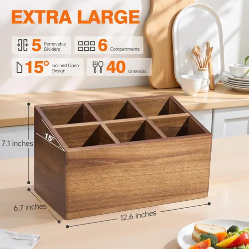 Miniatura 2 de Soporte para utensilios de madera, organizador de utensilios de cocina, grande con 6 compartimentos, soporte para utensilios de cocina, contenedor