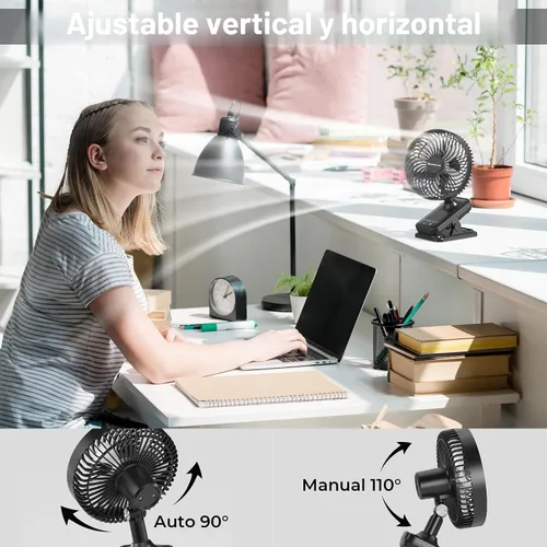 Miniatura 3 de Ventilador con clip de 10000 mAh, 42 h de duración, ventilador de mesa silencioso y oscilante automático, recargable con 4 velocidades potentes