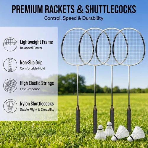 Miniatura 5 de Badminton Set for Backyard, Outdoor Badminton Net with Anti-Sag Design, 4 Professional Badminton Rackets, 4 Shuttlecocks and Carry Bag for Lawn or
