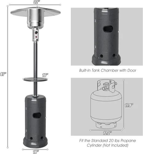Miniatura 8 de S AFSTAR Calentador de patio al aire libre de 48000 BTU, calentador de propano portátil con estante para bebidas, ruedas, depósito base, torre