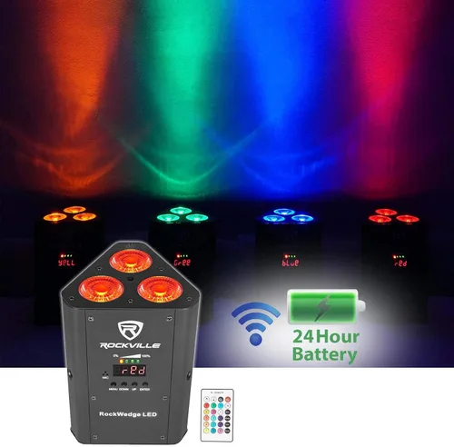 Miniatura 2 de Rockville RockWedge LED 54W RGBWA+UV - Luz Par alimentada por batería, DMX inalámbrico, recargable, diseño compacto, para DJs y eventos, 2 piezas
