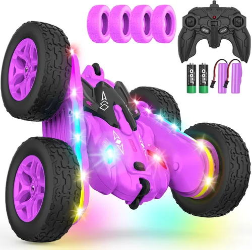 Terucle Coche de Control Remoto, Coches RC Acrobacias Juguetes de Coche RC Nuevas Luces LED y Faros Mejorados Juguetes para Niñas Doble Cara Morado