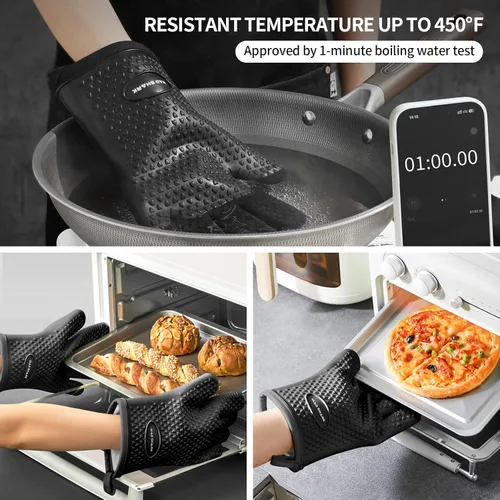 Miniatura 2 de MAD SHARK Manoplas de horno de silicona resistentes al calor de 450 grados, guantes de horno impermeables y antideslizantes con dedos, guantes