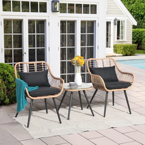 Miniatura 7 de JOIVI Juego de 3 piezas para patio, juegos de mimbre para exteriores, para porche, patio trasero con mesa de centro cuadrada de cristal, cojines