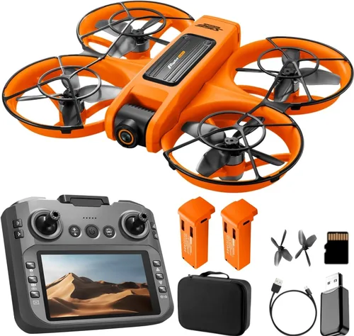 Avión teledirigido RC con pantalla en el controlador (12.5 cm), cámara dual UHD, motor sin escobillas, posicionamiento por flujo óptico, protección