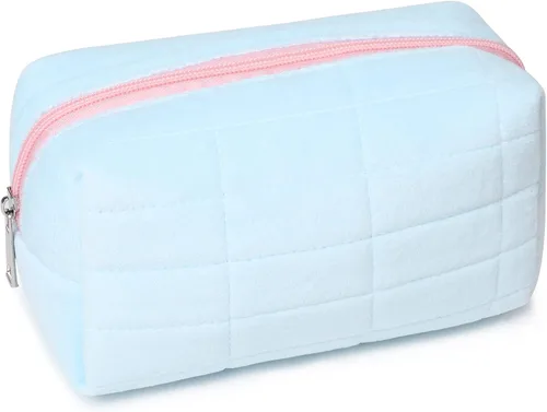SOIDRAM Bolsa de maquillaje de felpa para cosméticos, bonita bolsa de maquillaje estética, bolsa de maquillaje azul, bolsa de aseo de viaje,