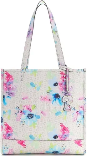 GUESS Bolso de mano con estampado floral y logotipo para mujer, color rosa, azul y rosa, Blanco Multi
