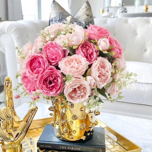 Miniatura 2 de Flores de seda de peonía artificial, ramo de peonía falsa rosa 4 paquetes Arreglos florales decoración para casa de campo estilo boho centro de mesa